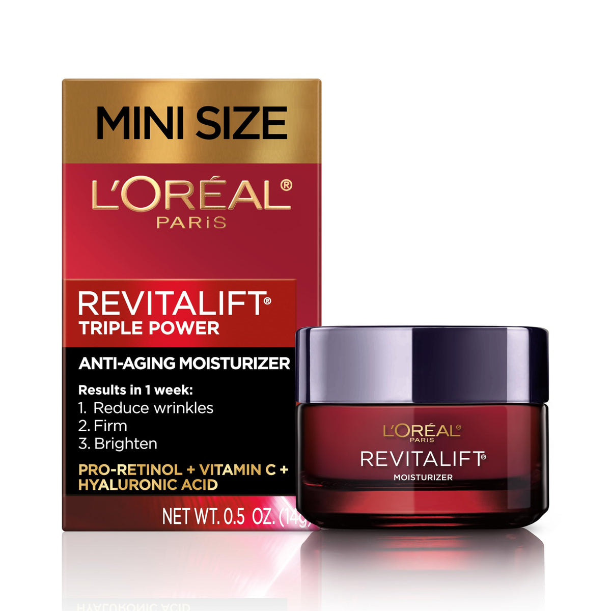 L'Oreal Paris front packaging showing travel 0.5 oz jar and benefits