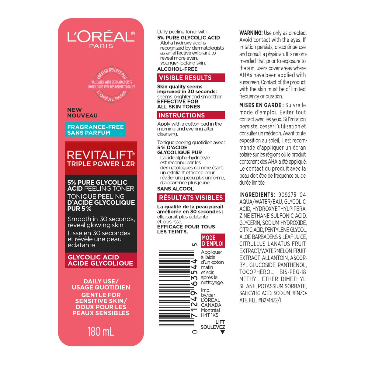 L'Oreal Paris ingredient panel close-up emphasizing alcohol-free formulation