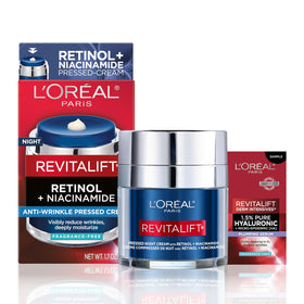 L'Oreal Paris jar front view showing pressed night cream packaging and benefits