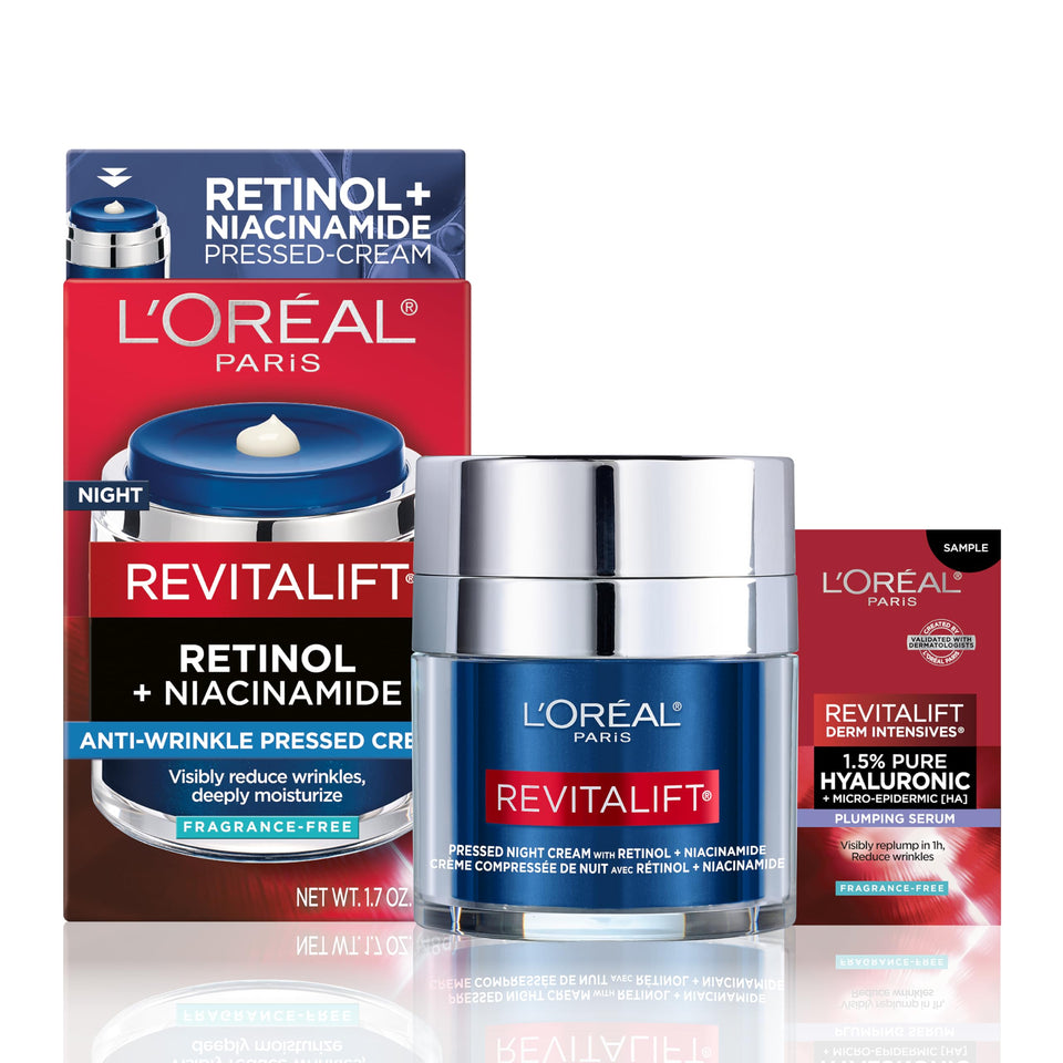 L'Oreal Paris jar front view showing pressed night cream packaging and benefits