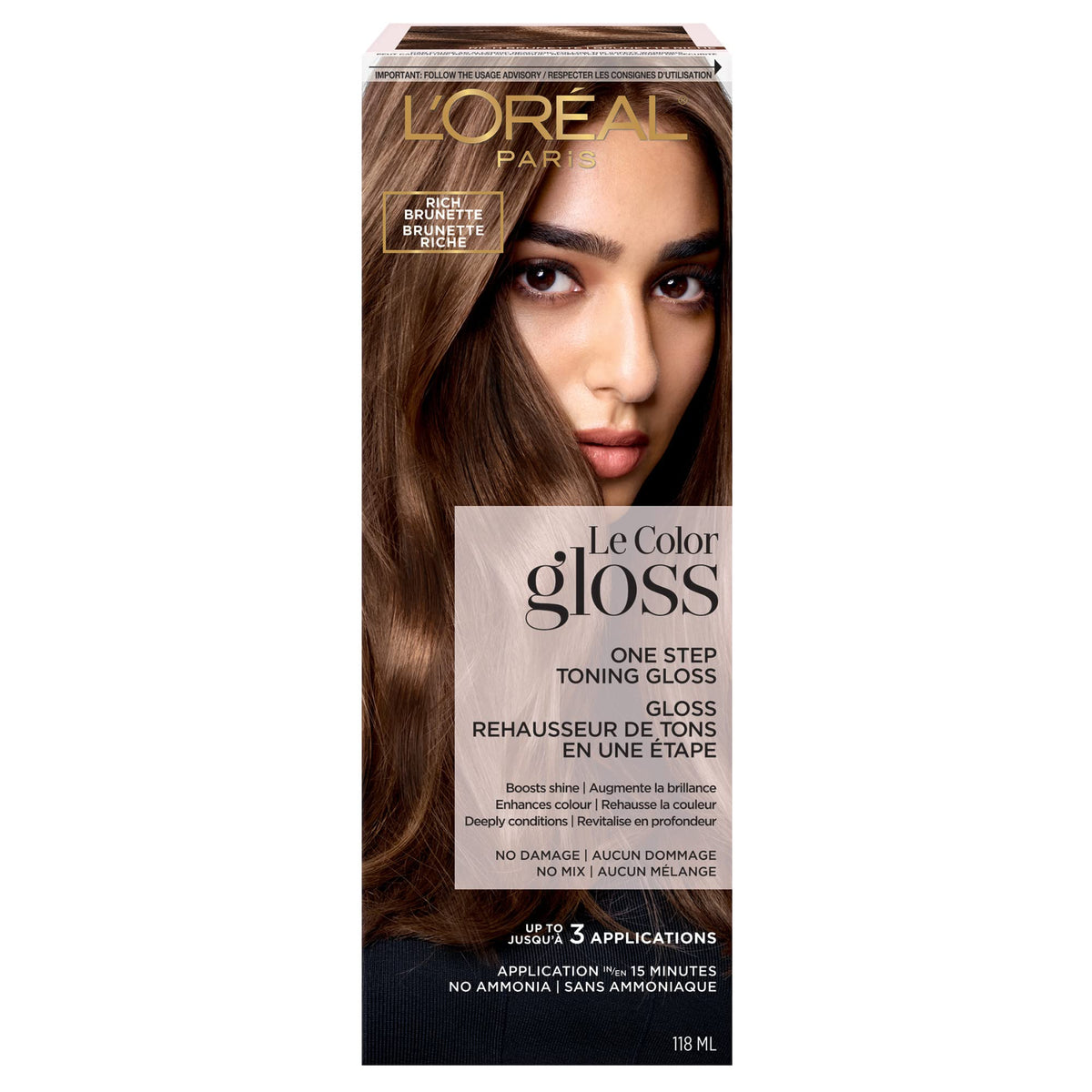 L'Oreal Paris front packaging showing rich brunette gloss benefits