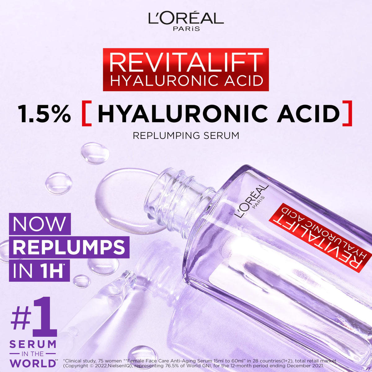 L'Oreal Paris close-up of dropper and clear serum texture emphasizing fast absorption