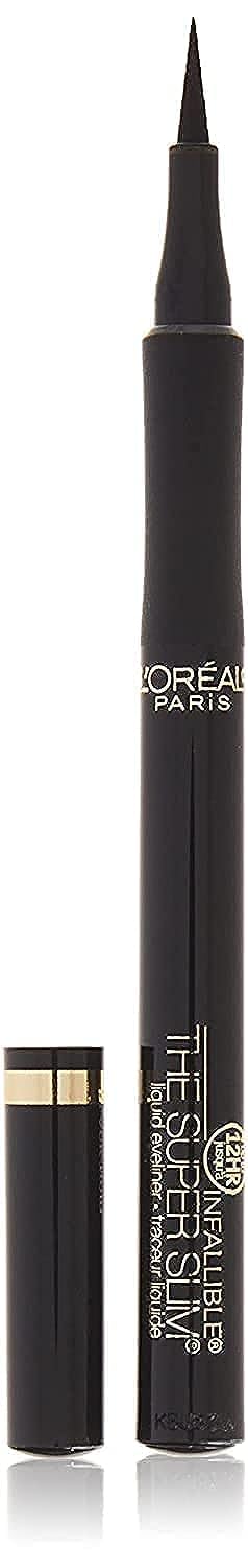 L'Oreal Paris front packaging showing slim black eyeliner, precise travel-friendly design