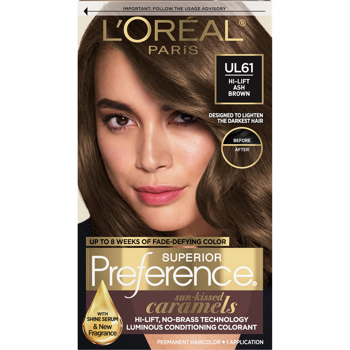 L'Oreal Paris front box showing UL61 shade and benefits, clear selection help