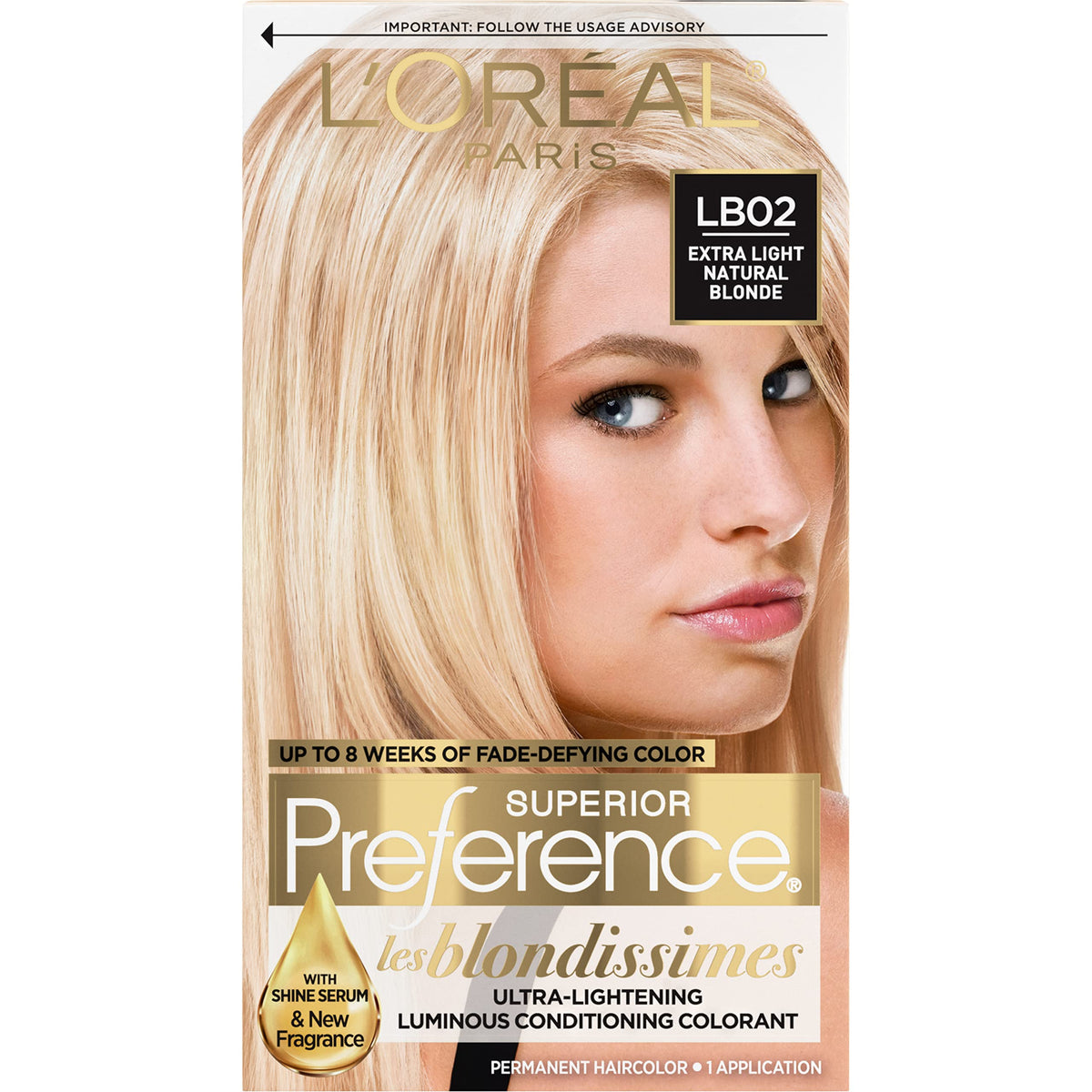 L'Oreal Paris front packaging of Superior Preference LB02 showing shade and benefits