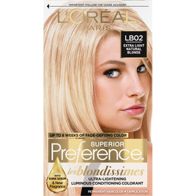 L'Oreal Paris front packaging of Superior Preference LB02 showing shade and benefits