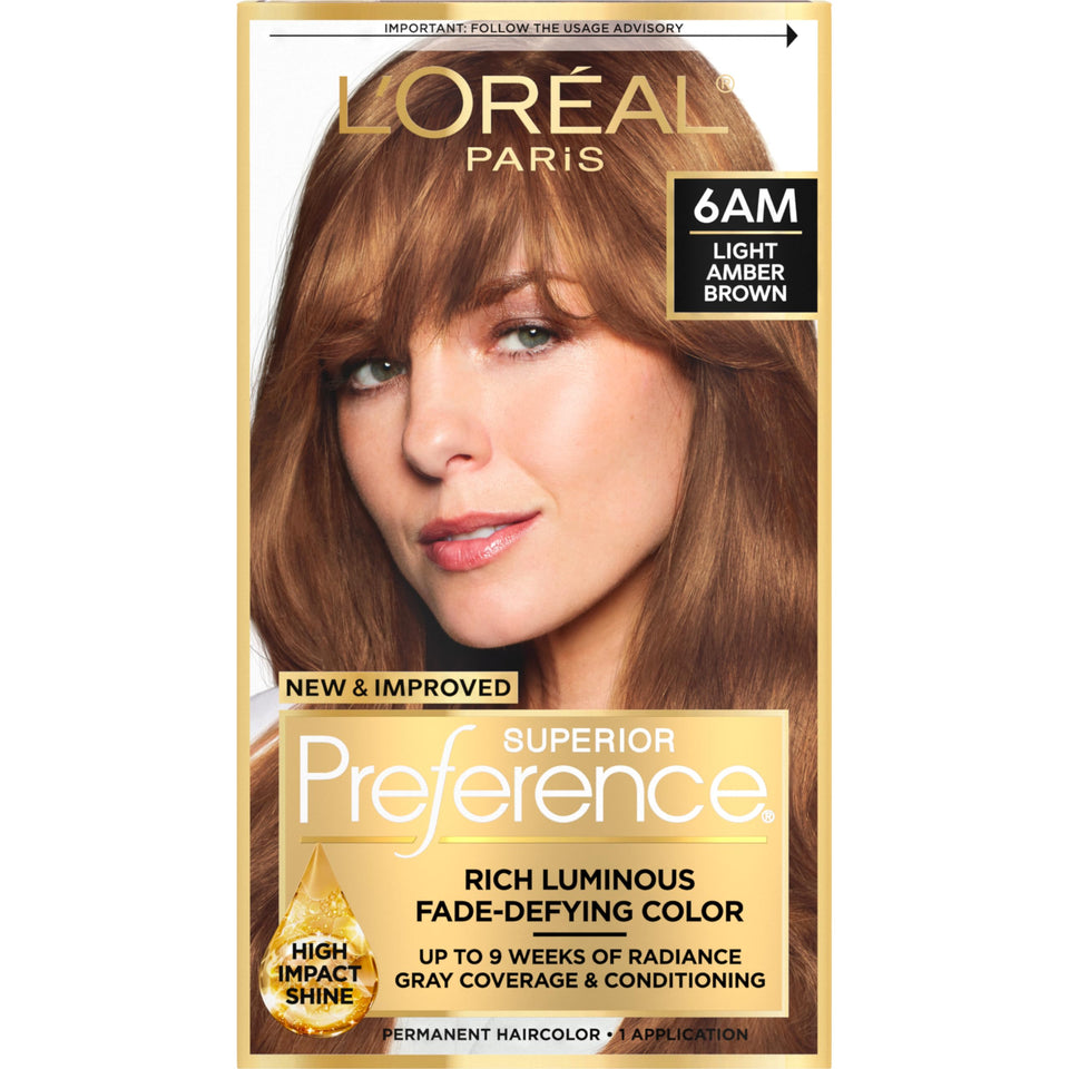 L'Oreal Paris front packaging of Superior Preference 6AM showing warm amber brown benefits