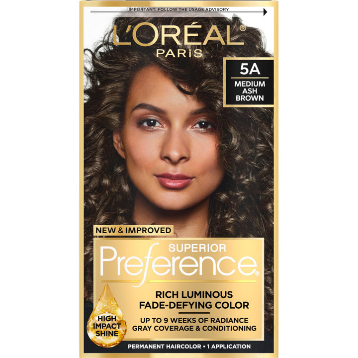 L'Oreal Paris front packaging showing full kit and shade 5A benefit long-lasting color