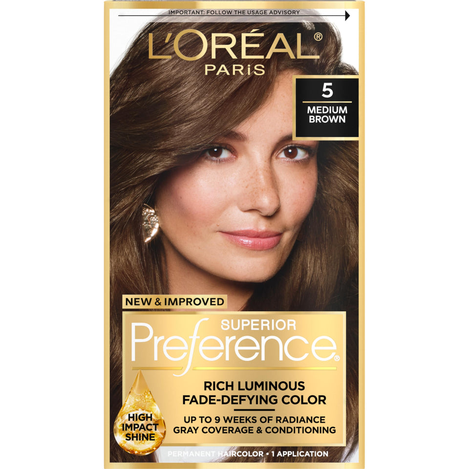 L'Oreal Paris front packaging showing Medium Brown 5 and radiant finish