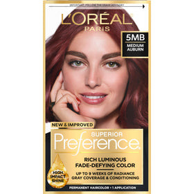 L'Oreal Paris front packaging showing medium auburn shade and benefits