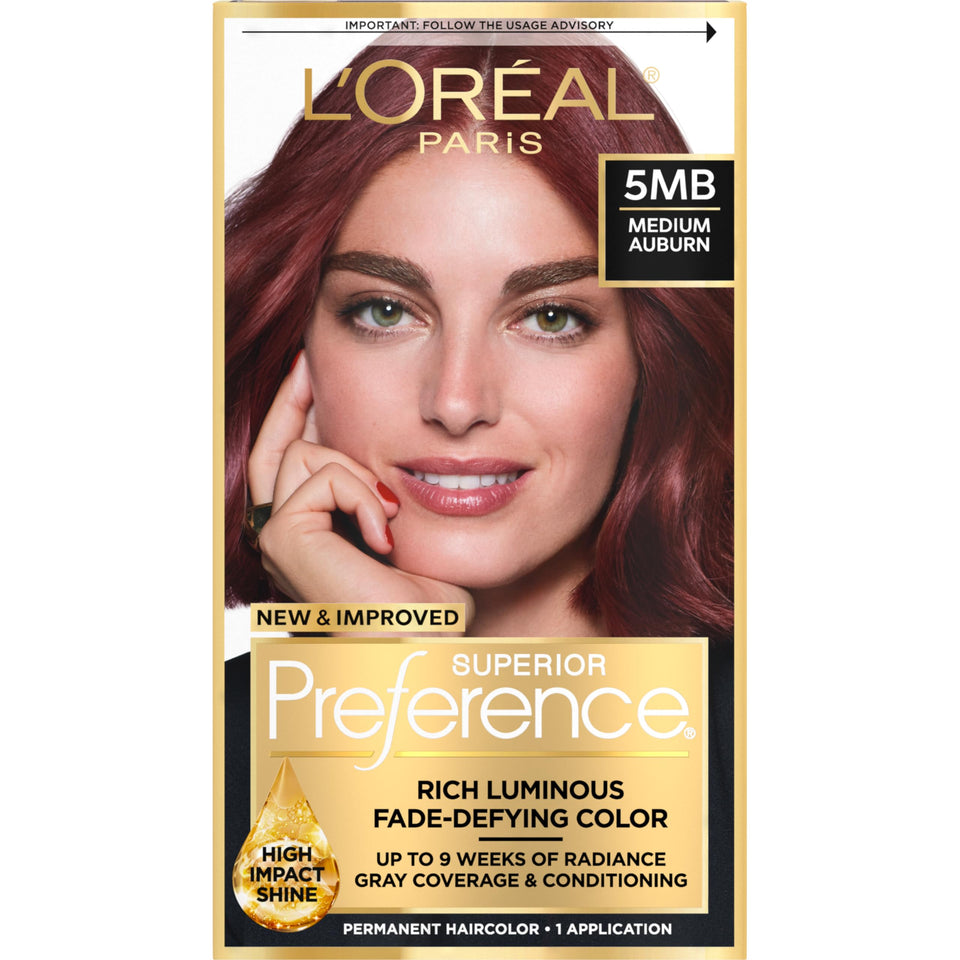 L'Oreal Paris front packaging showing medium auburn shade and benefits