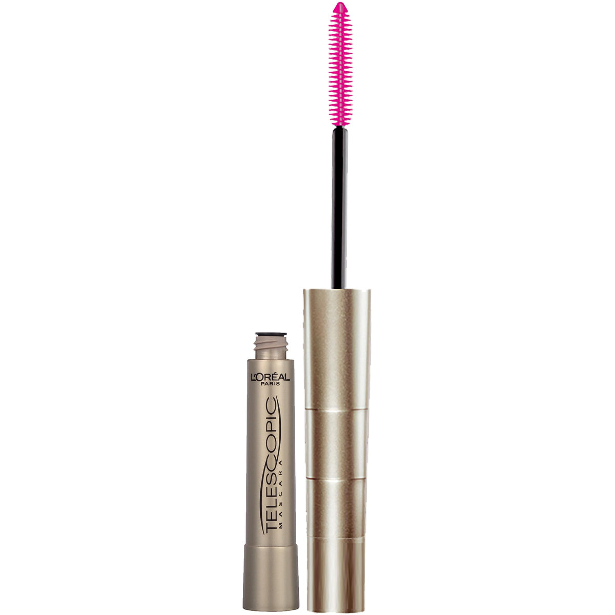 L'Oreal Paris telescopic front packaging showing compact black tube and branded label for reliable length