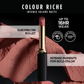 L'Oreal Paris lipstick texture close-up showing powdery matte comfort benefit