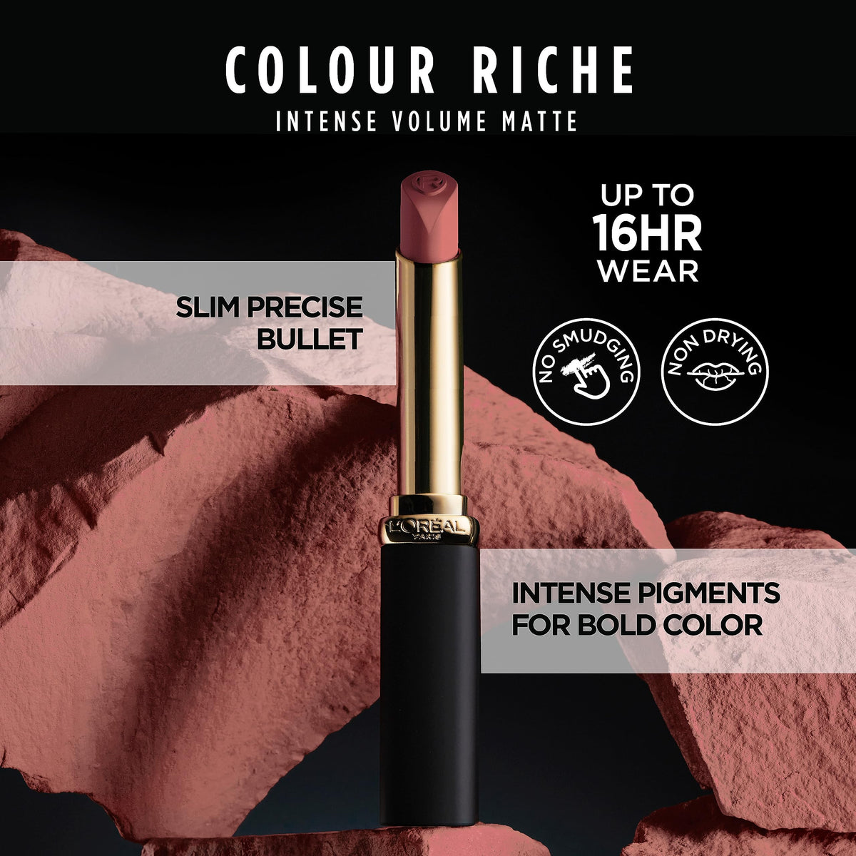 L'Oreal Paris texture close-up showing powder-to-matte finish with comfortable feel