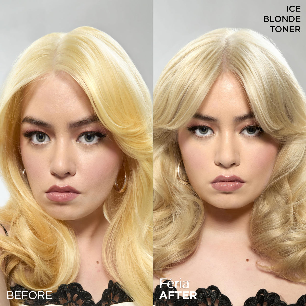 L'Oreal Paris applying toner to a blonde strand to reduce brassiness