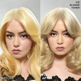 L'Oreal Paris applying toner to a blonde strand to reduce brassiness