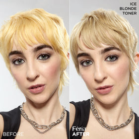 L'Oreal Paris before and after image showing reduced brass and cooler blonde