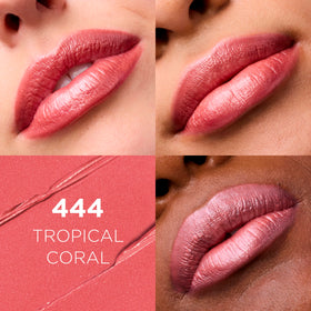 L'Oreal Paris Tropical Coral lipstick bullet close-up highlighting creamy tip and satin texture