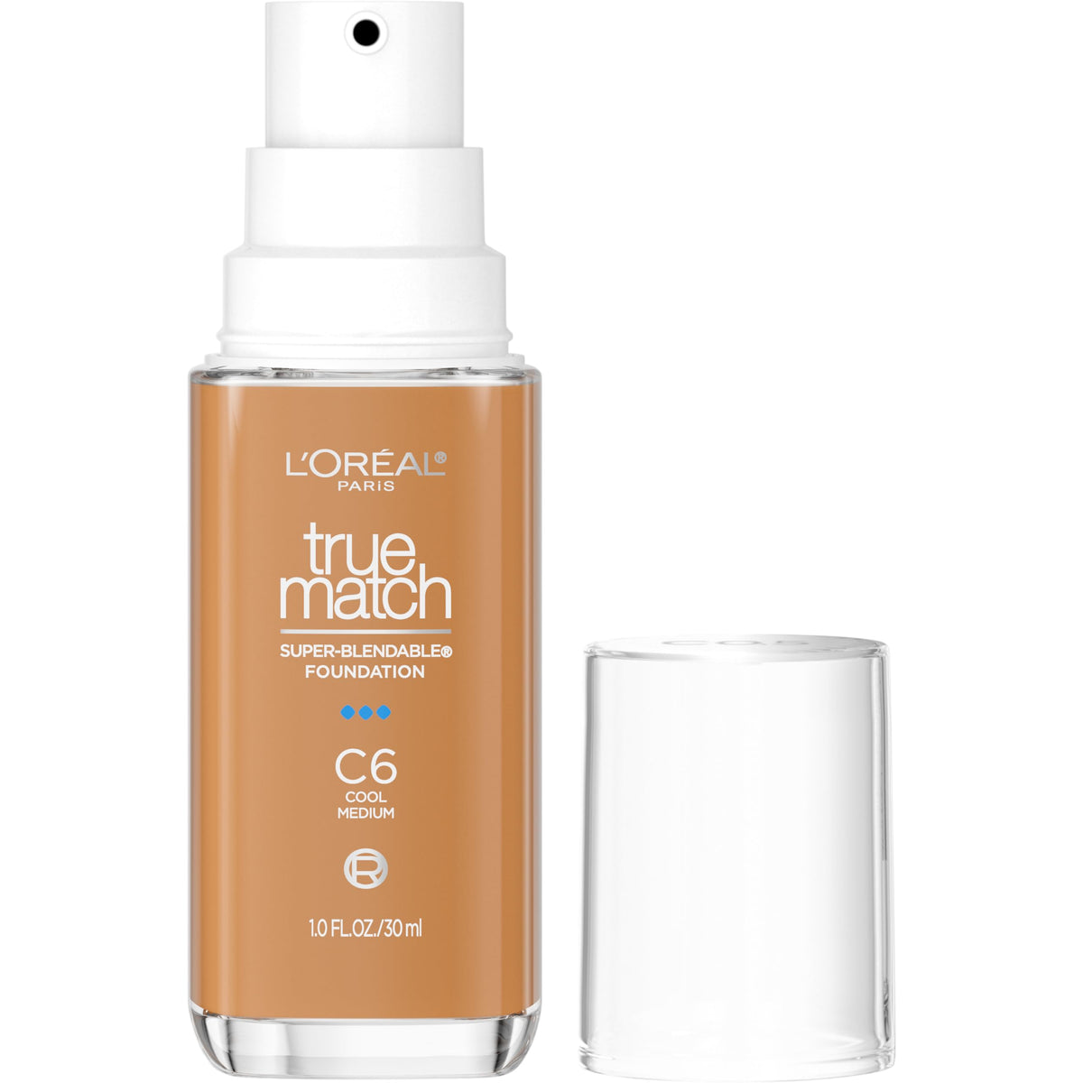 L'Oreal Paris front bottle of True Match C6 showing shade and pump, effortless blending