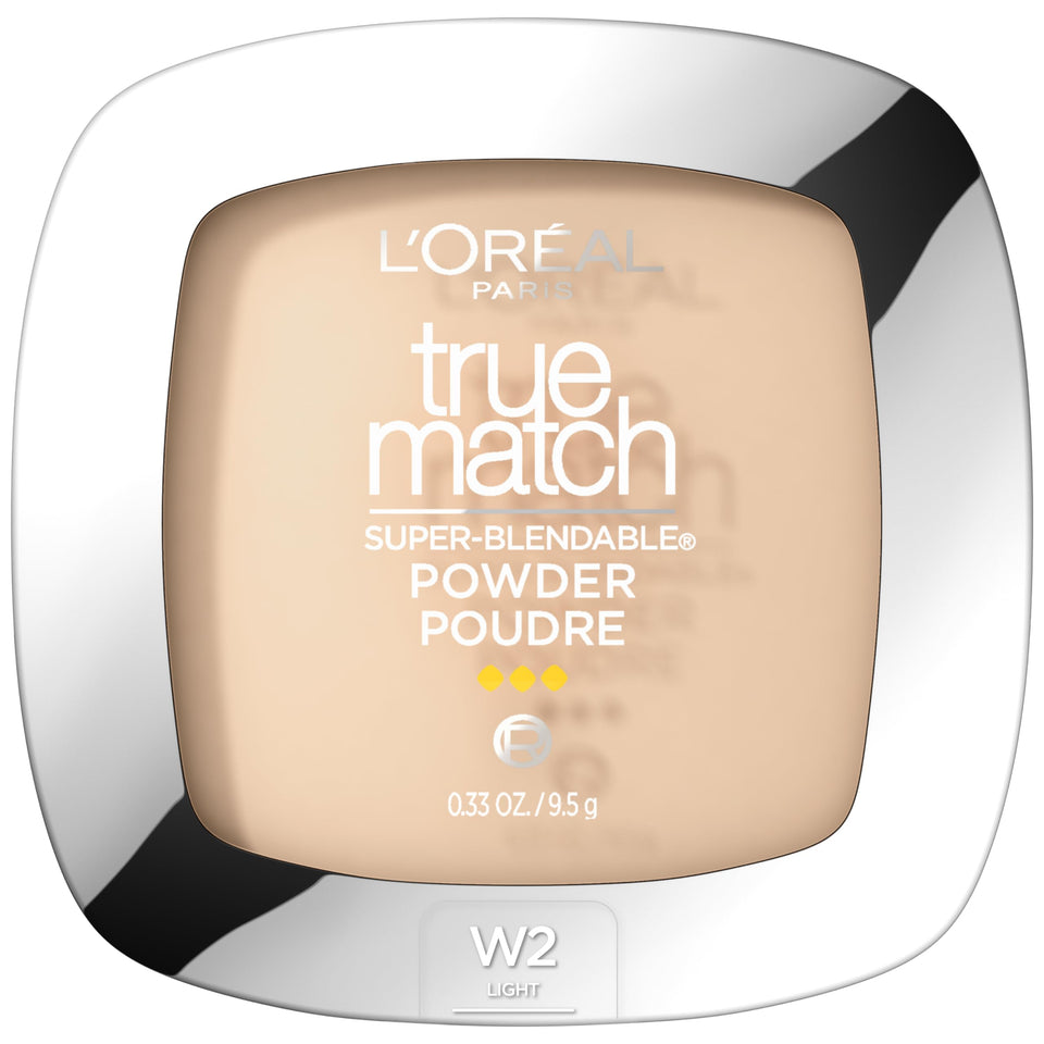 L'Oreal Paris compact front showing packaging and shade W2 Light benefit: easy shade ID