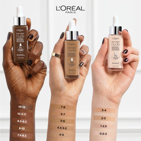 L'Oreal Paris bottle next to ruler showing 1 fl. oz. size and travel-friendly benefit