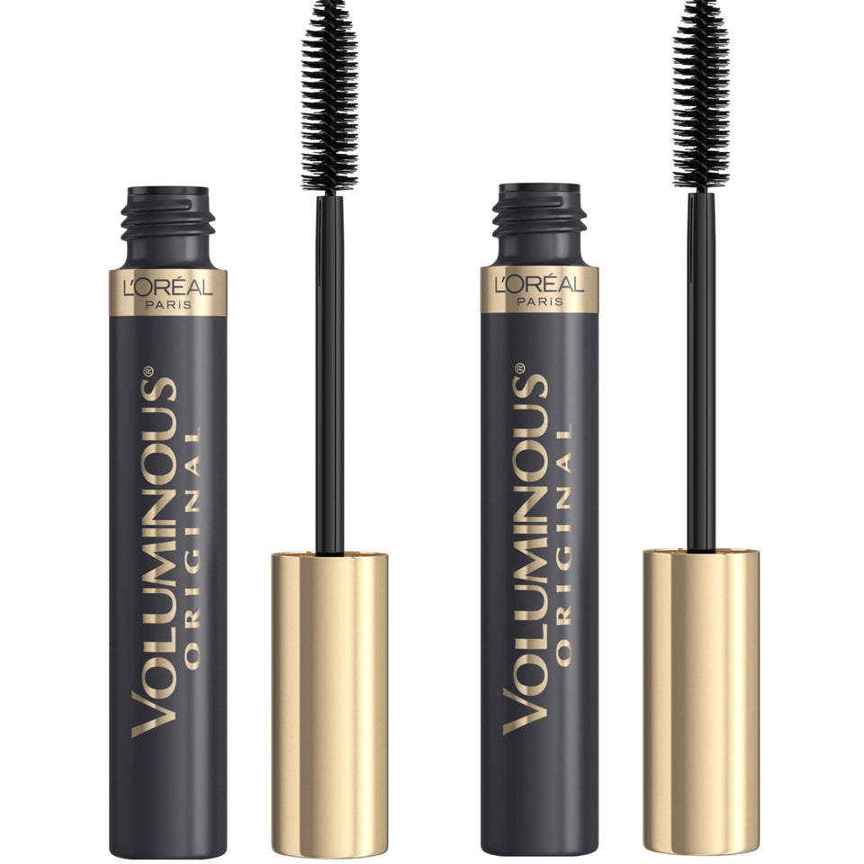 L'Oreal Paris front packaging showing two blackest black mascara tubes and benefits