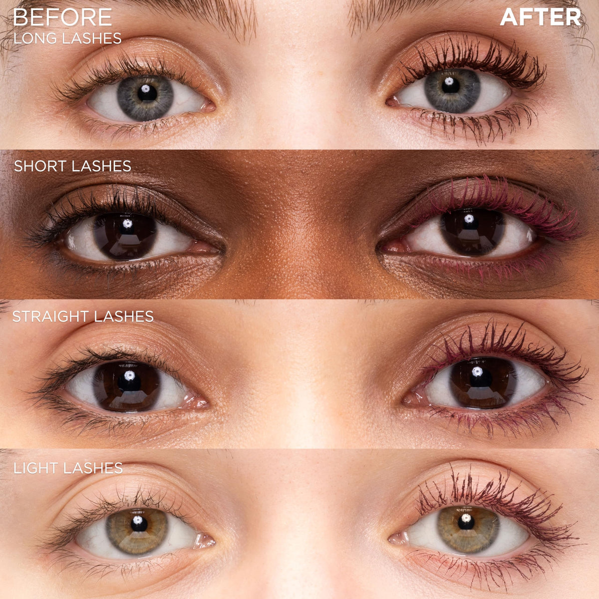 L'Oreal Paris swiped lashes close-up demonstrating deep burgundy color payoff