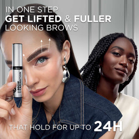 L'Oreal Paris wand being applied upward to brows for salon-like hold