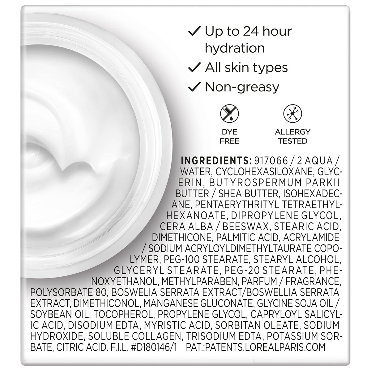 L'Oreal Paris cream close-up displaying smooth texture, highlights quick absorption