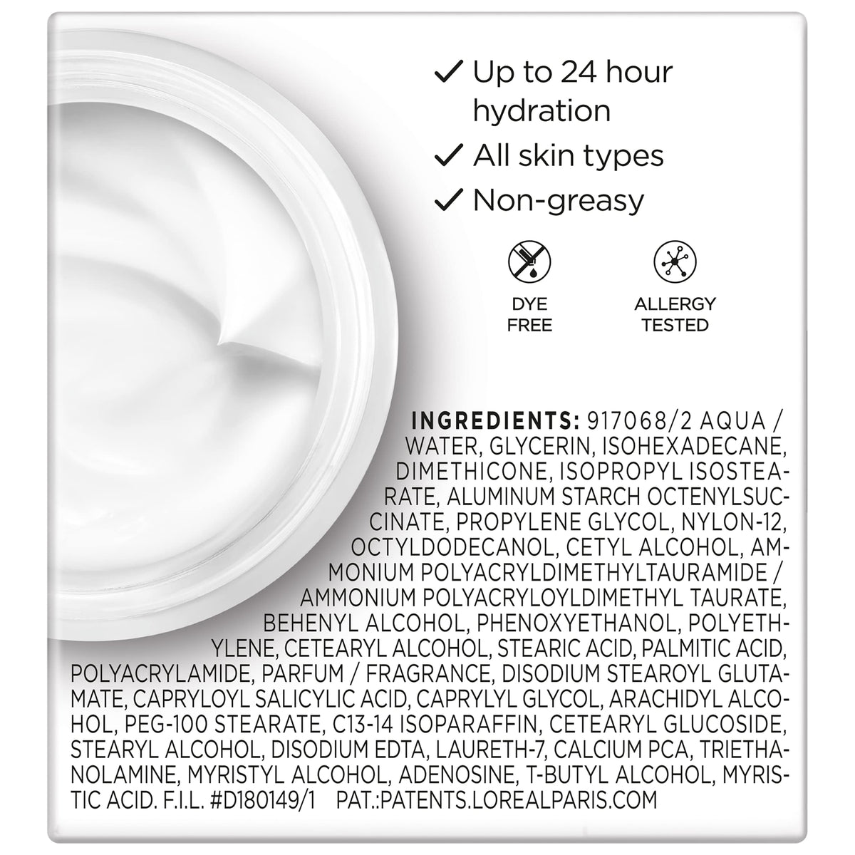 L'Oreal Paris cream being smoothed on hand to show lightweight, non-greasy feel