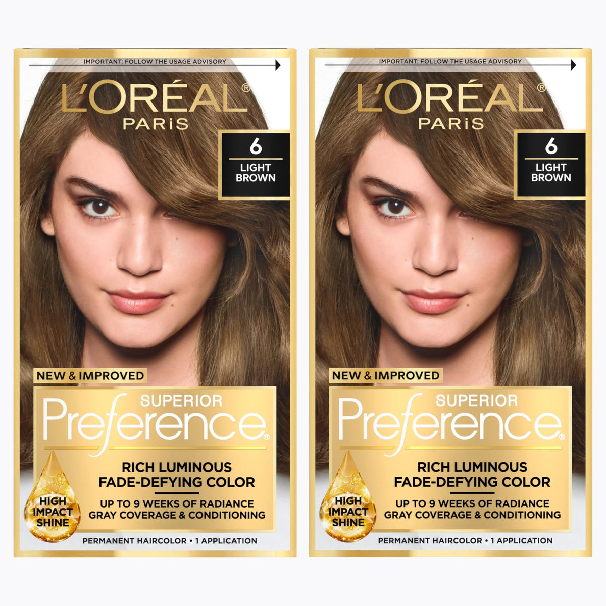 L'Oreal Paris front packaging of Superior Preference Light Brown 6 showing kit and shade benefit