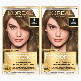 L'Oreal Paris front packaging of Superior Preference Light Brown 6 showing kit and shade benefit