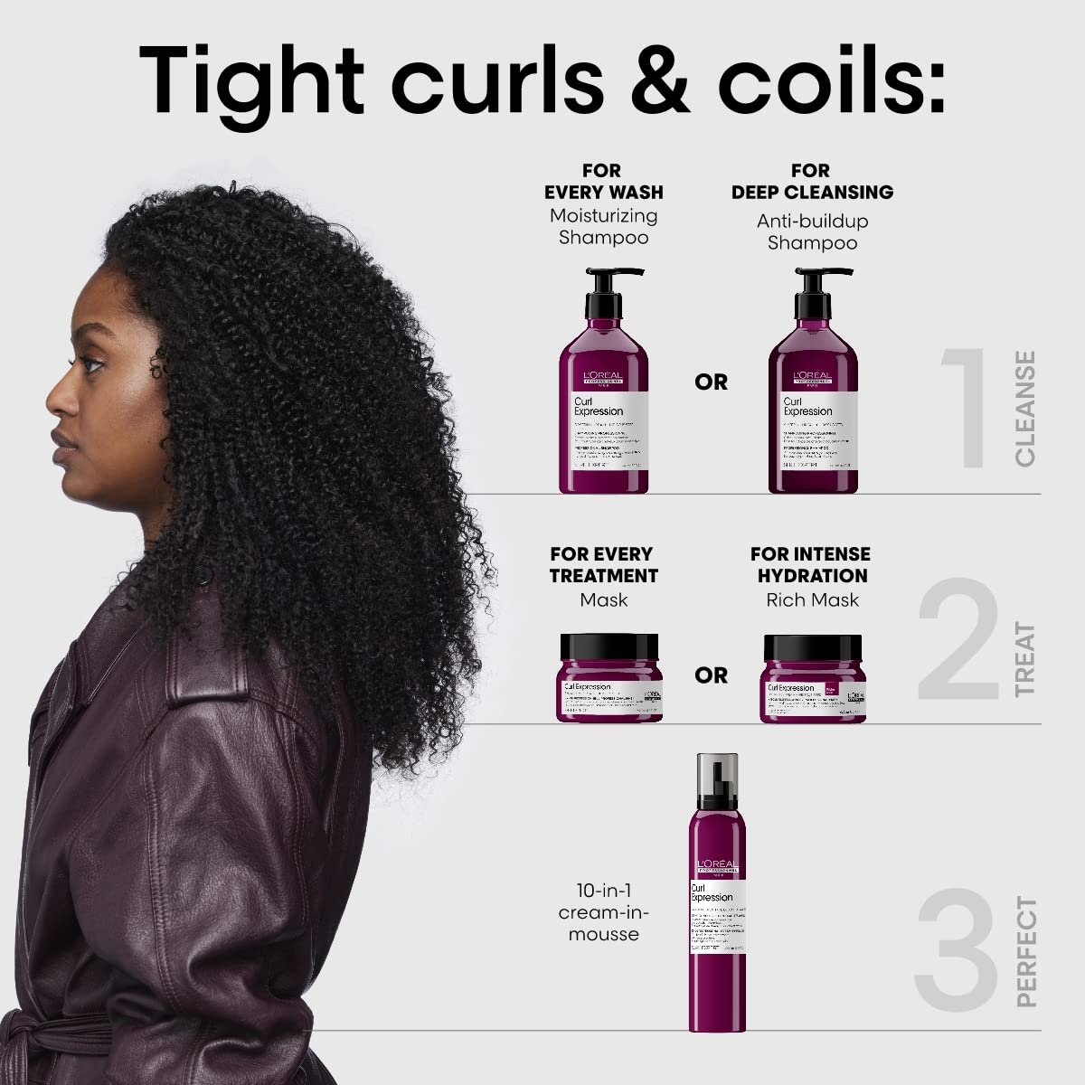 Curl routine staged with L'Oréal Professionnel Paris shampoo, mousse, and mask for full care