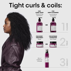 Curl routine staged with L'Oréal Professionnel Paris shampoo, mousse, and mask for full care