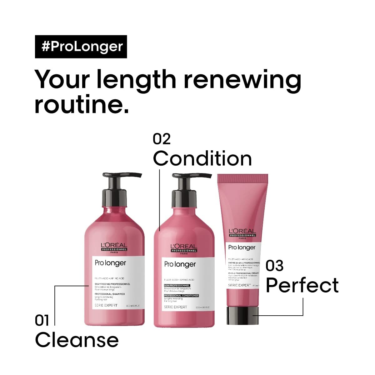 L'Oréal Professionnel Pro Longer bottle beside hair brush showing product size and application benefit