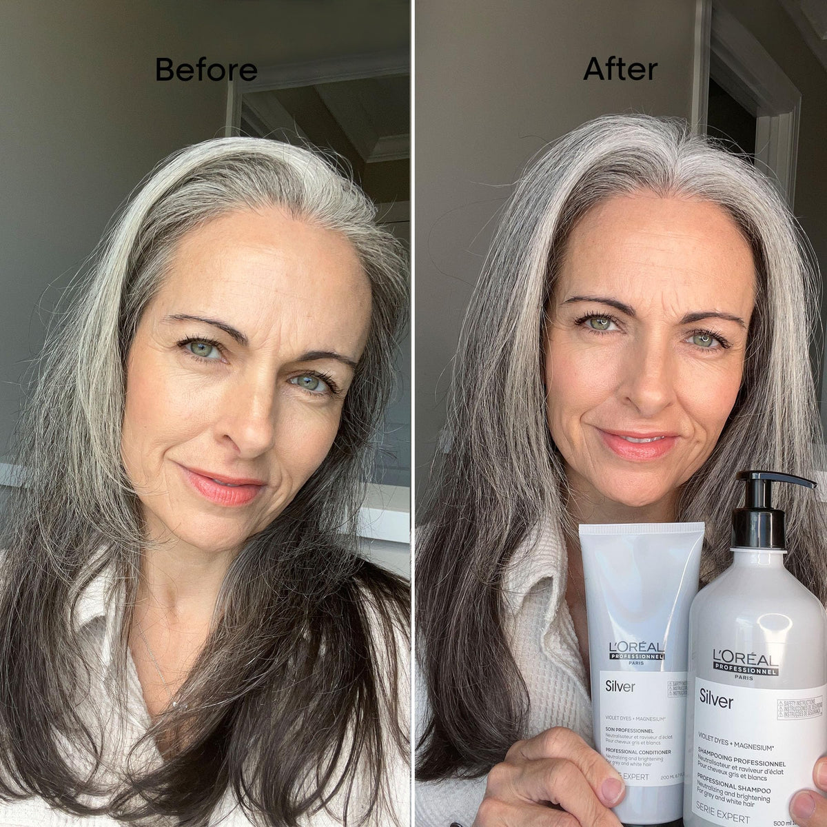 L'Oréal Professionnel before and after blonde hair showing reduced yellow tones
