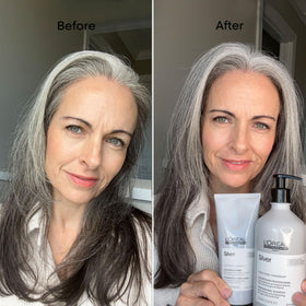 L'Oréal Professionnel before and after blonde hair showing reduced yellow tones