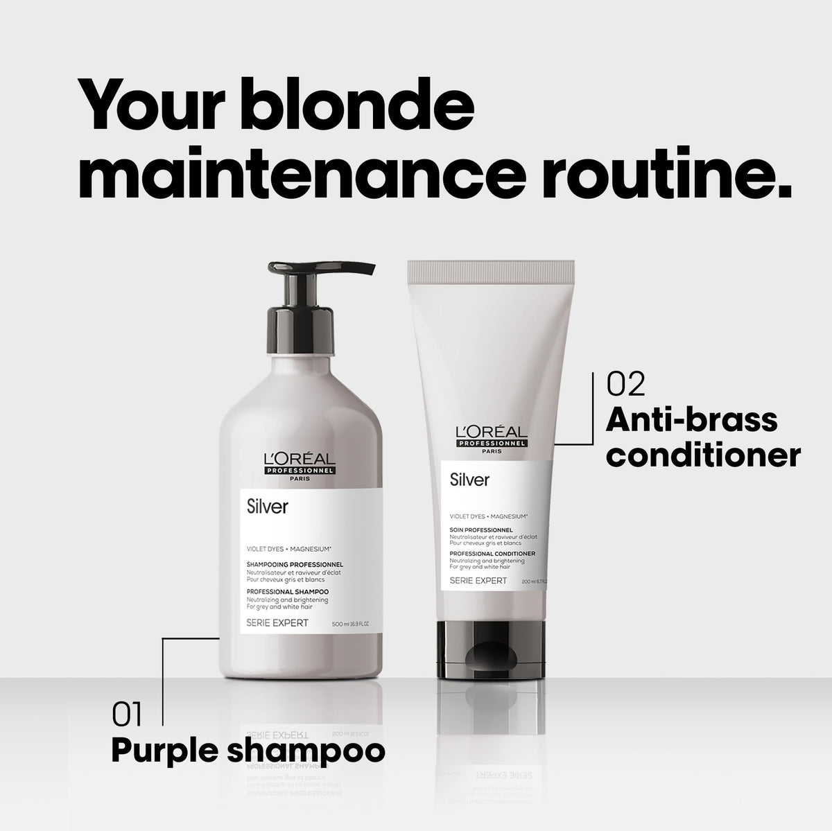 L'Oréal Professionnel bottle paired with Silver Conditioner to enhance cool tones