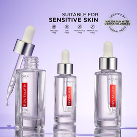 Close-up ingredient list image of L'Oreal Paris Revitalift highlighting hyaluronic acid and vitamin C