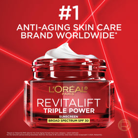 Close-up of L'Oreal Paris SPF 30 label emphasizing daily sun protection benefit