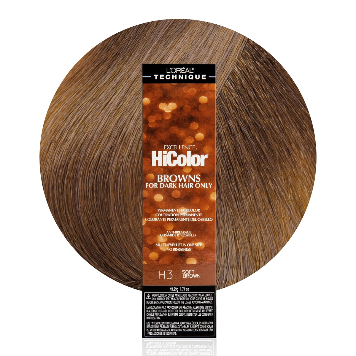 L'OREAL TECHNIQUE front packaging showing shade H3 Soft Brown and benefits