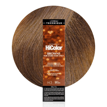 L'OREAL TECHNIQUE front packaging showing shade H3 Soft Brown and benefits