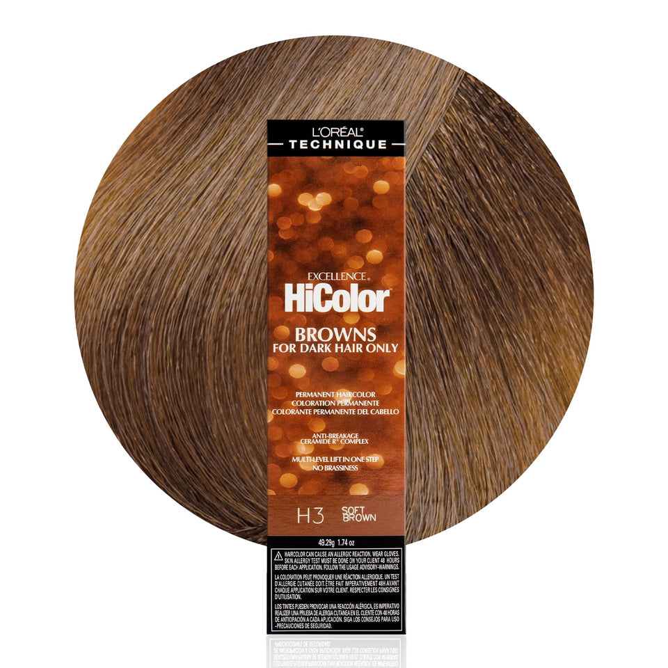 L'OREAL TECHNIQUE front packaging showing shade H3 Soft Brown and benefits