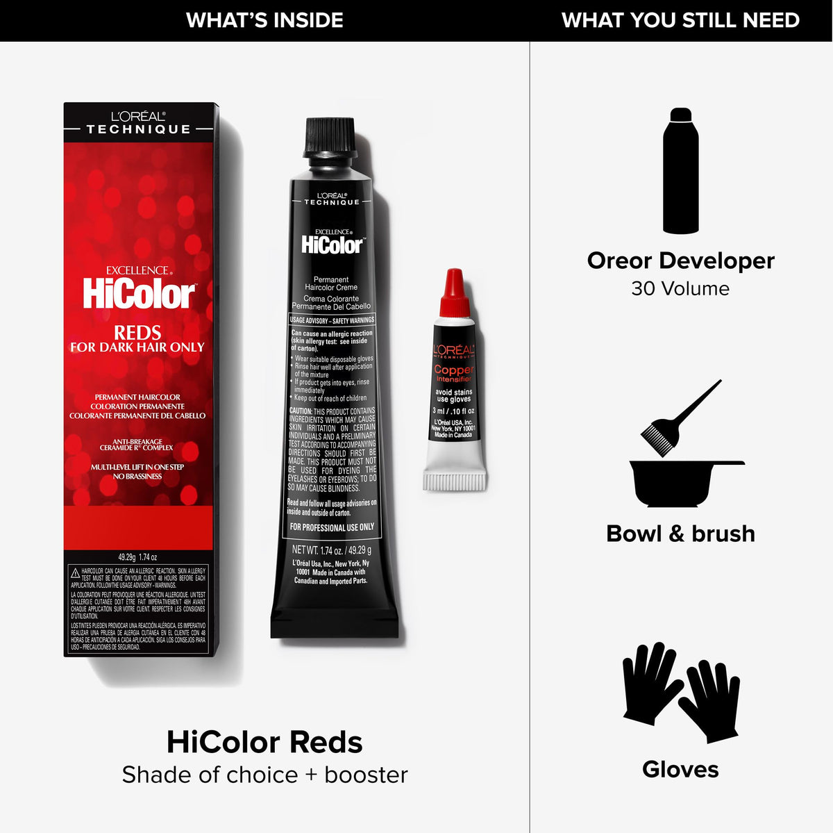 L'OREAL TECHNIQUE before-and-after showing dark hair lifted to red