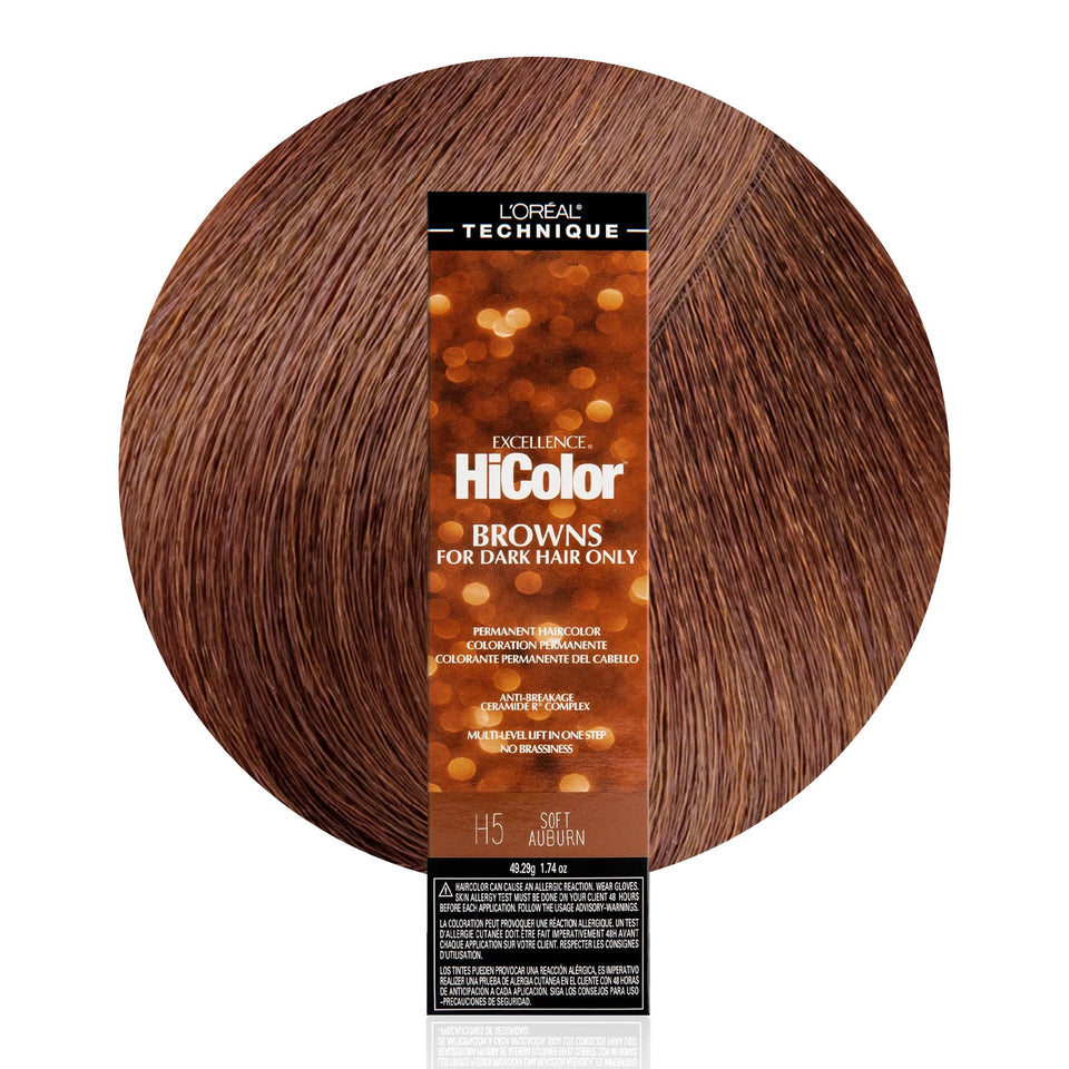 L'OREAL TECHNIQUE front packaging showing Hicolor Soft Auburn shade and benefits