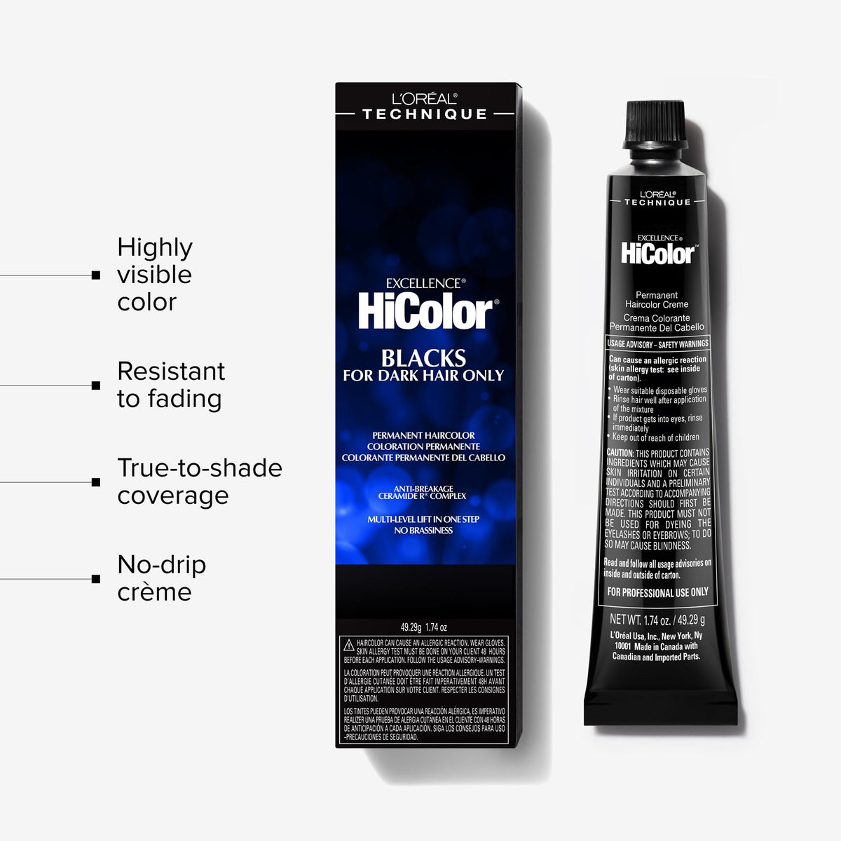 L'OREAL TECHNIQUE swatches on dark hair showing violet and black tones
