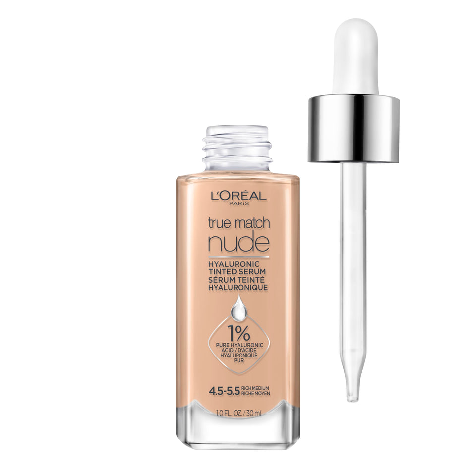 L'Oreal Paris bottle front view showing tinted serum and sleek design for easy storage