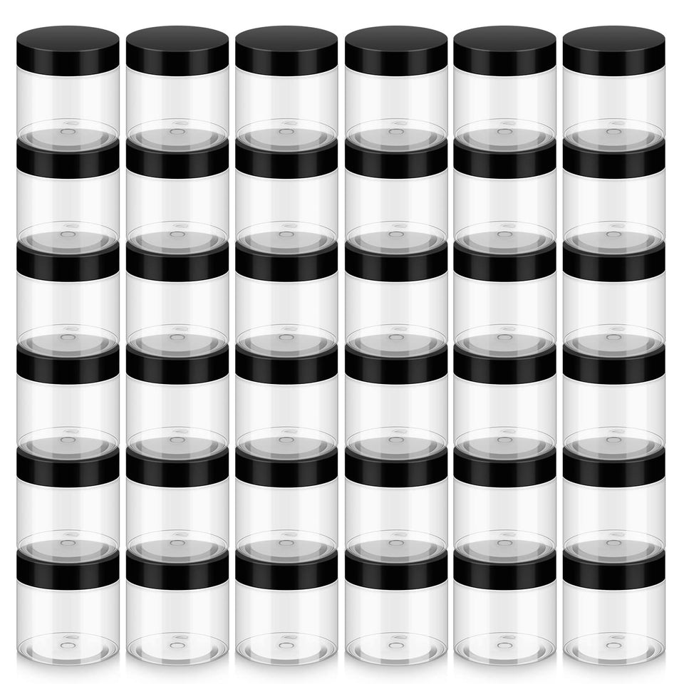 Loretoy front packaging showing 36 clear 2 oz jars and lids for travel