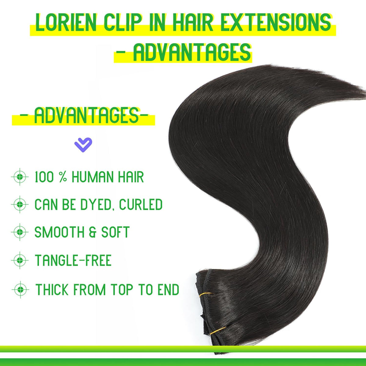 LORIEN close-up of double-weft and rubber-covered clips for secure, low-shed hold