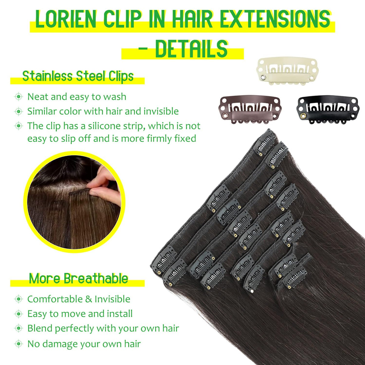 LORIEN model using clip-in pieces for easy styling and instant volume